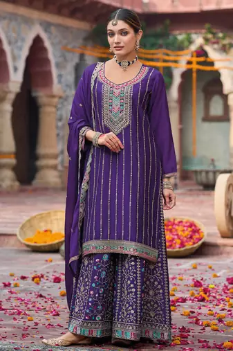 palazzo suit for women chinon embroidered purple-Full Stitched free size