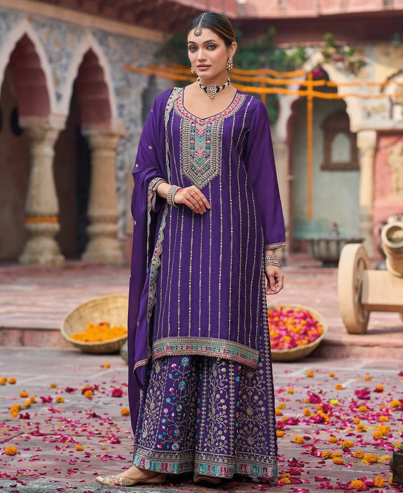 palazzo suit for women chinon embroidered purple