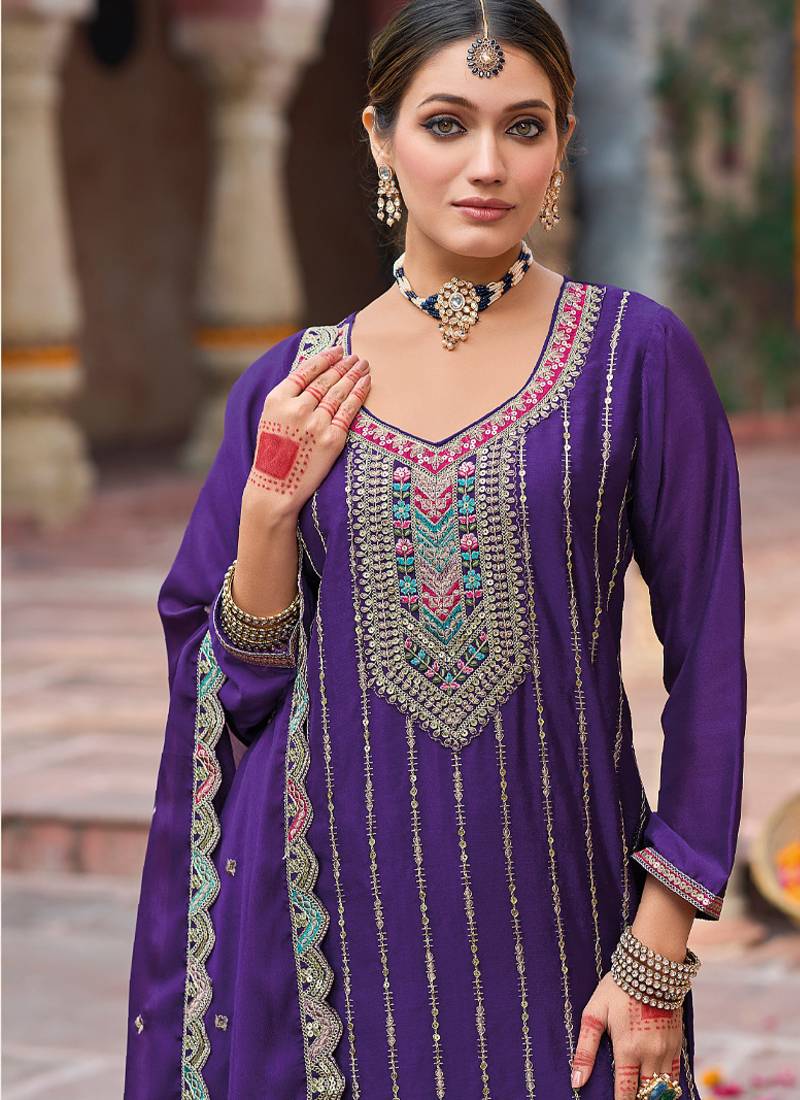 palazzo suit for women chinon embroidered purple