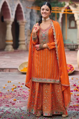 palazzo suit for women chinon embroidered orange-Full Stitched free size