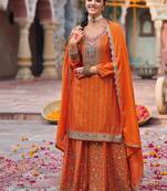 palazzo suit for women chinon embroidered orange-Full Stitched free size