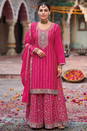 palazzo suit for women chinon embroidered pink-Full Stitched free size