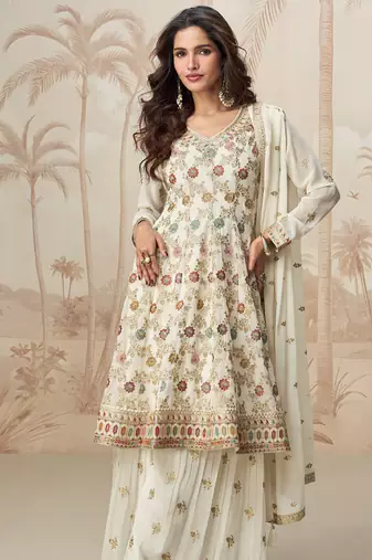 peplum style white heavy embroidered salwar kameez for women-Full Stitched free size
