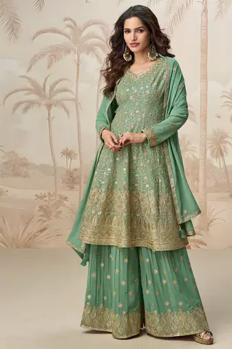 peplum style pista green heavy embroidered salwar kameez for women-Full Stitched free size