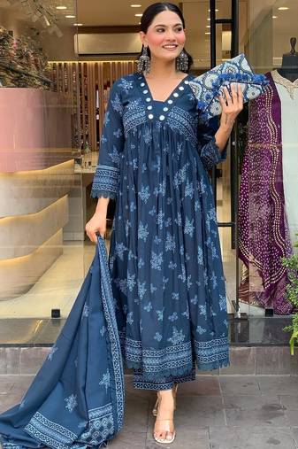 Floral embroidered blue v neck cotton kurta with trouser & dupatta set