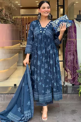 Floral embroidered blue v neck cotton kurta with trouser & dupatta set