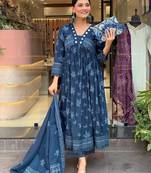 Floral embroidered blue v neck cotton kurta with trouser & dupatta set