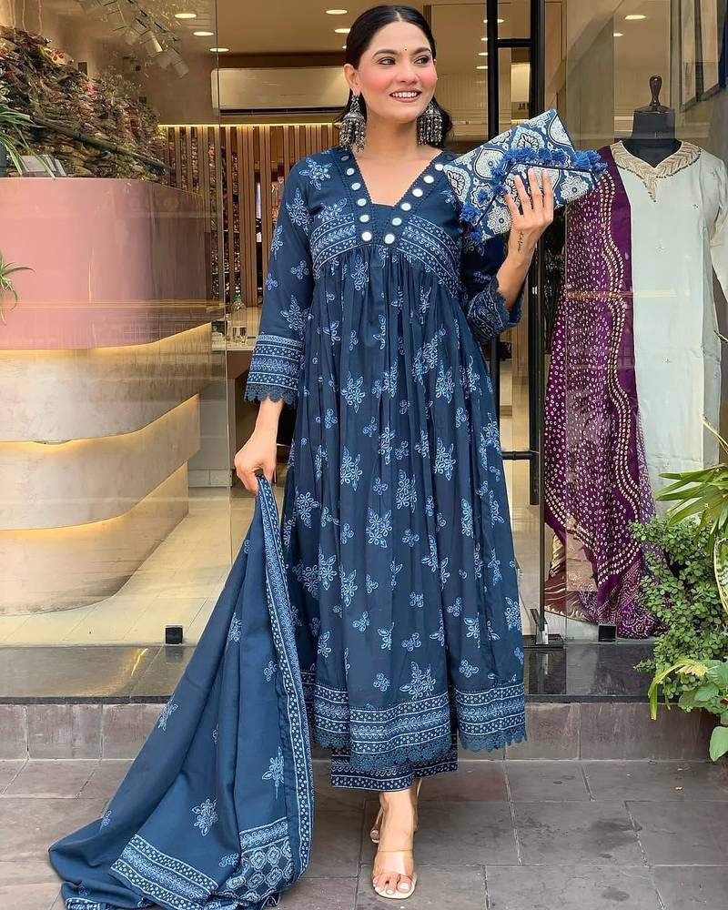 Floral embroidered blue v neck cotton kurta with trouser & dupatta set