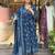 Floral embroidered blue v neck cotton kurta with trouser & dupatta set
