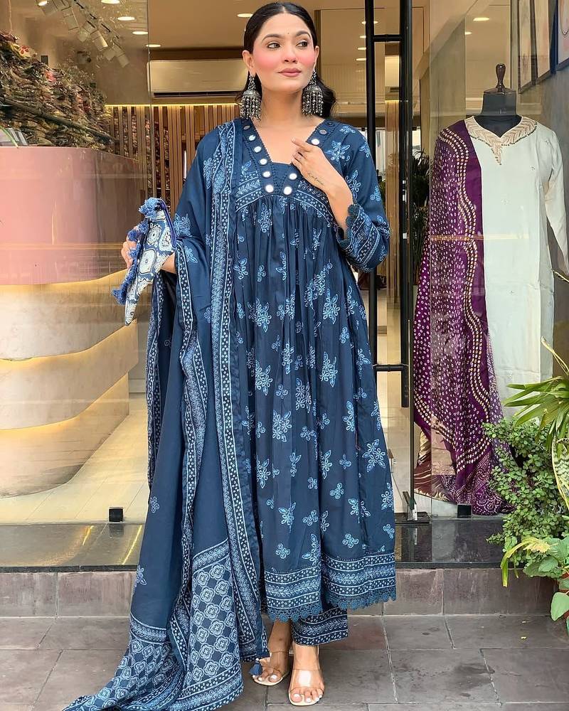 Floral embroidered blue v neck cotton kurta with trouser & dupatta set