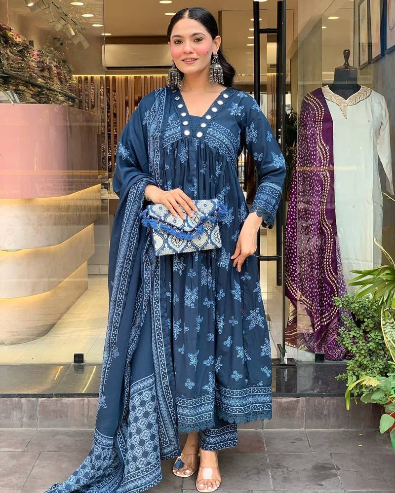 Floral embroidered blue v neck cotton kurta with trouser & dupatta set