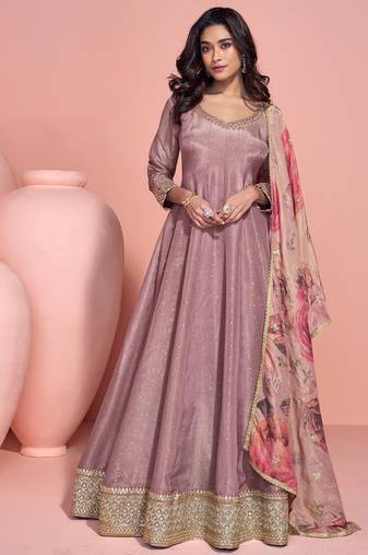 party wear pink banarasi silk anarkali suit for women-Full Stitched free size