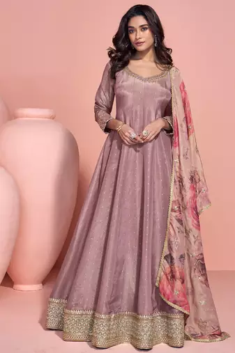 party wear pink banarasi silk anarkali suit for women-Full Stitched free size