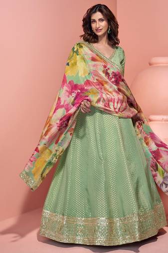 party wear pista green banarasi silk anarkali suit for women-Full Stitched free size