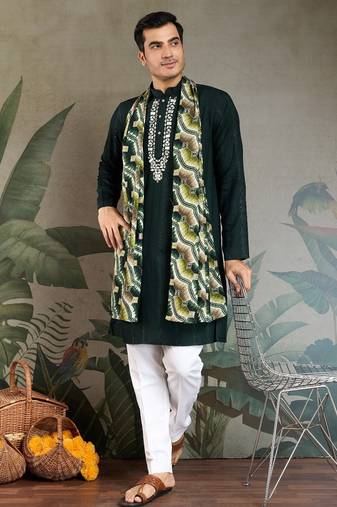 Green pure viscose mirror work on self zari weaving kurta
