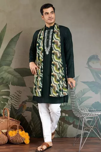 Green pure viscose mirror work on self zari weaving kurta
