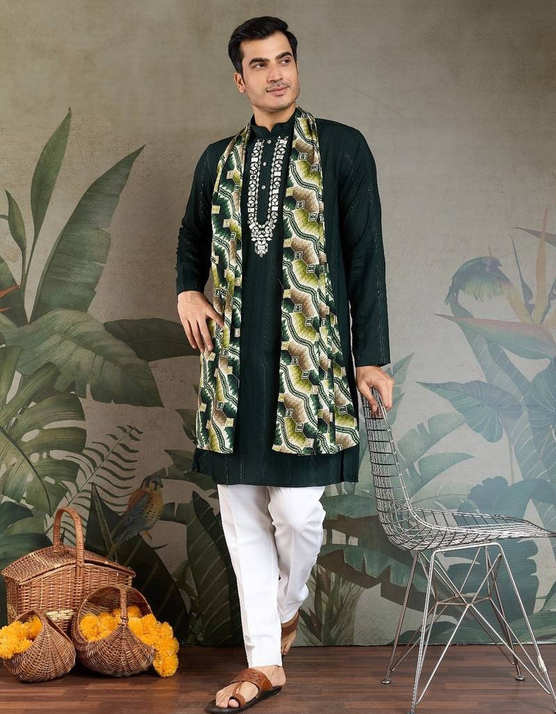 Green pure viscose mirror work on self zari weaving kurta