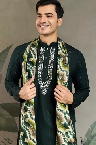 Green pure viscose mirror work on self zari weaving kurta