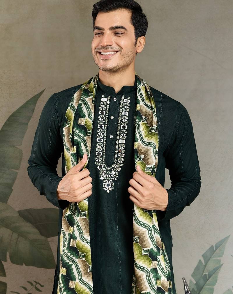 Green pure viscose mirror work on self zari weaving kurta