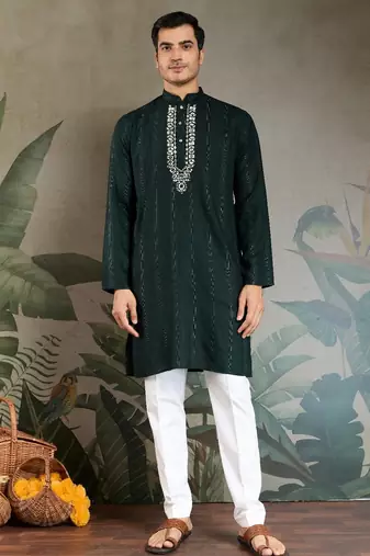Green pure viscose mirror work on self zari weaving kurta