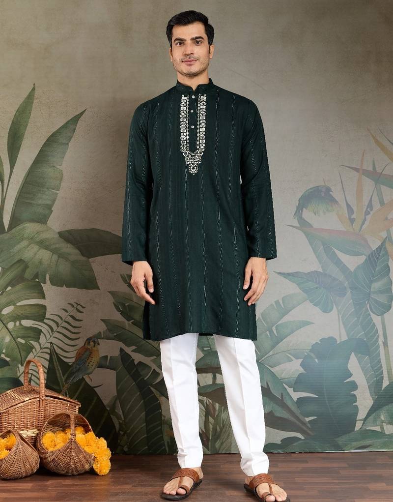 Green pure viscose mirror work on self zari weaving kurta