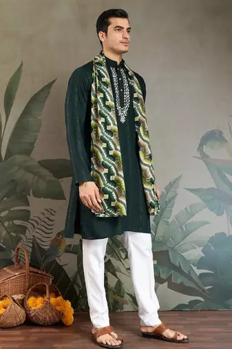 Green pure viscose mirror work on self zari weaving kurta
