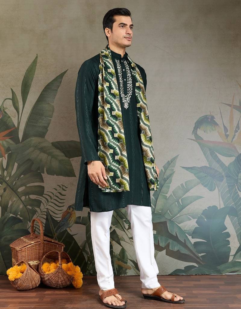Green pure viscose mirror work on self zari weaving kurta