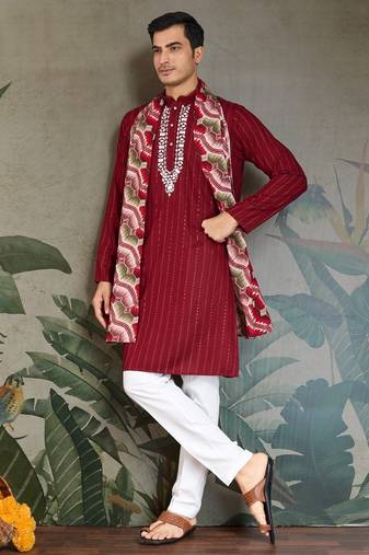 Red pure viscose mirror work on self zari weaving kurta