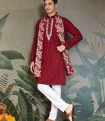 Red pure viscose mirror work on self zari weaving kurta