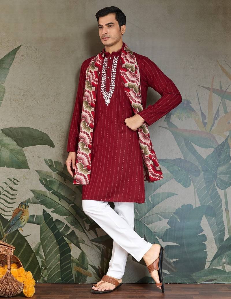Red pure viscose mirror work on self zari weaving kurta