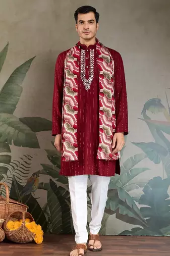 Red pure viscose mirror work on self zari weaving kurta