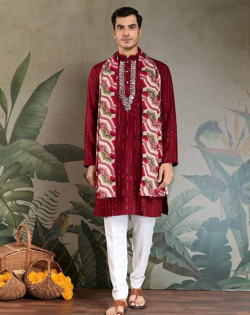 Red pure viscose mirror work on self zari weaving kurta