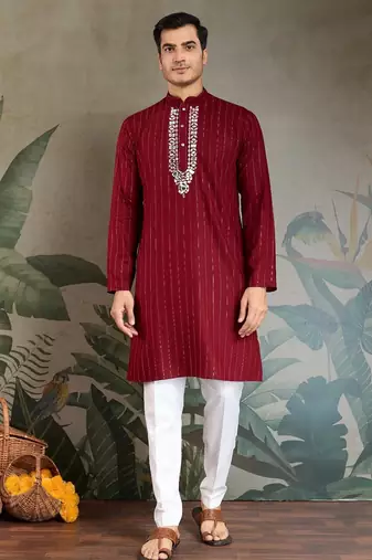 Red pure viscose mirror work on self zari weaving kurta