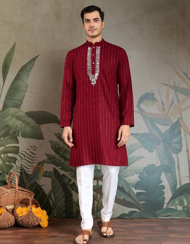 Red pure viscose mirror work on self zari weaving kurta