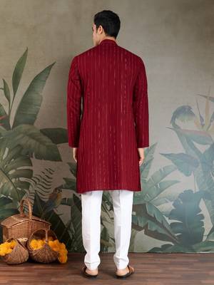 Red pure viscose mirror work on self zari weaving kurta 4