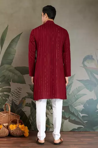 Red pure viscose mirror work on self zari weaving kurta