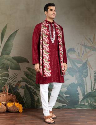 Red pure viscose mirror work on self zari weaving kurta 5