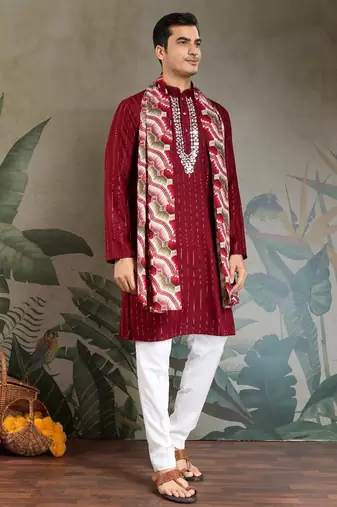 Red pure viscose mirror work on self zari weaving kurta