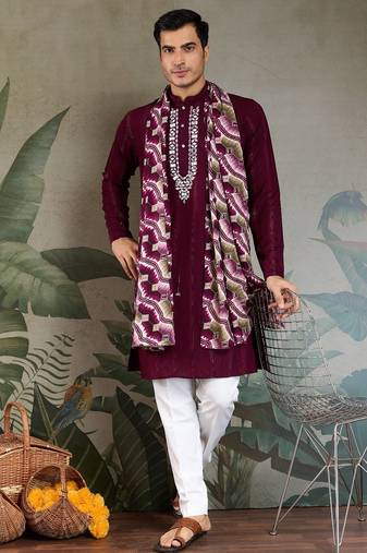 Maroon pure viscose mirror work on self zari weaving kurta