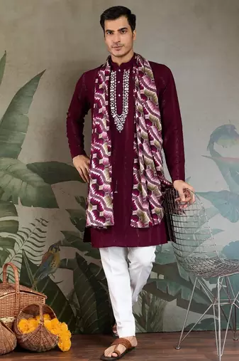 Maroon pure viscose mirror work on self zari weaving kurta