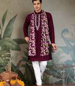 Maroon pure viscose mirror work on self zari weaving kurta