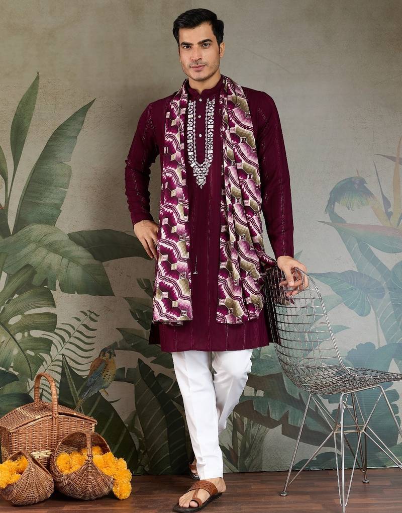 Maroon pure viscose mirror work on self zari weaving kurta