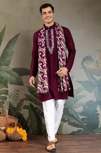 Maroon pure viscose mirror work on self zari weaving kurta
