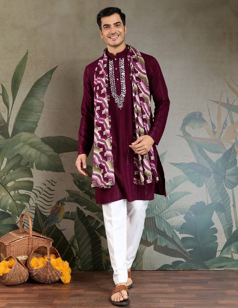 Maroon pure viscose mirror work on self zari weaving kurta