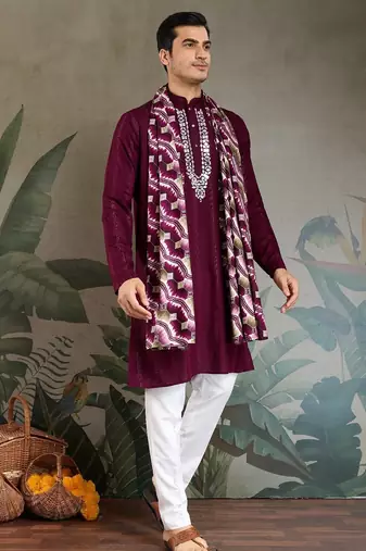 Maroon pure viscose mirror work on self zari weaving kurta