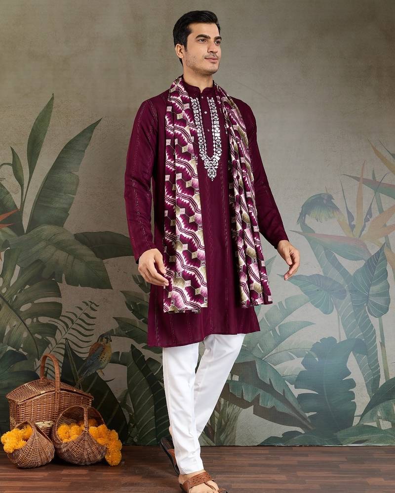 Maroon pure viscose mirror work on self zari weaving kurta