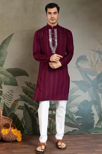 Maroon pure viscose mirror work on self zari weaving kurta