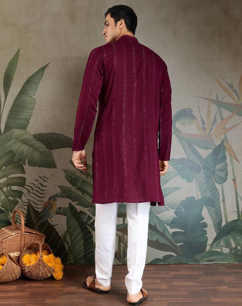 Maroon pure viscose mirror work on self zari weaving kurta