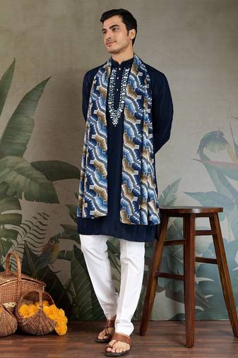 Navy blue pure viscose mirror work on self zari weaving kurta