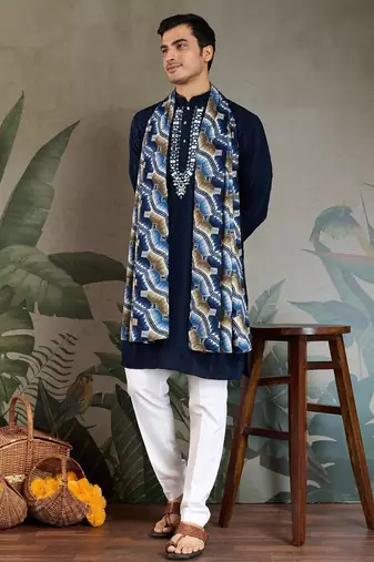 Navy blue pure viscose mirror work on self zari weaving kurta